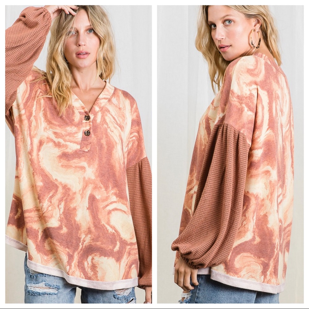 Marble print knit fabric boxy tunic top - Picture 2 of 6